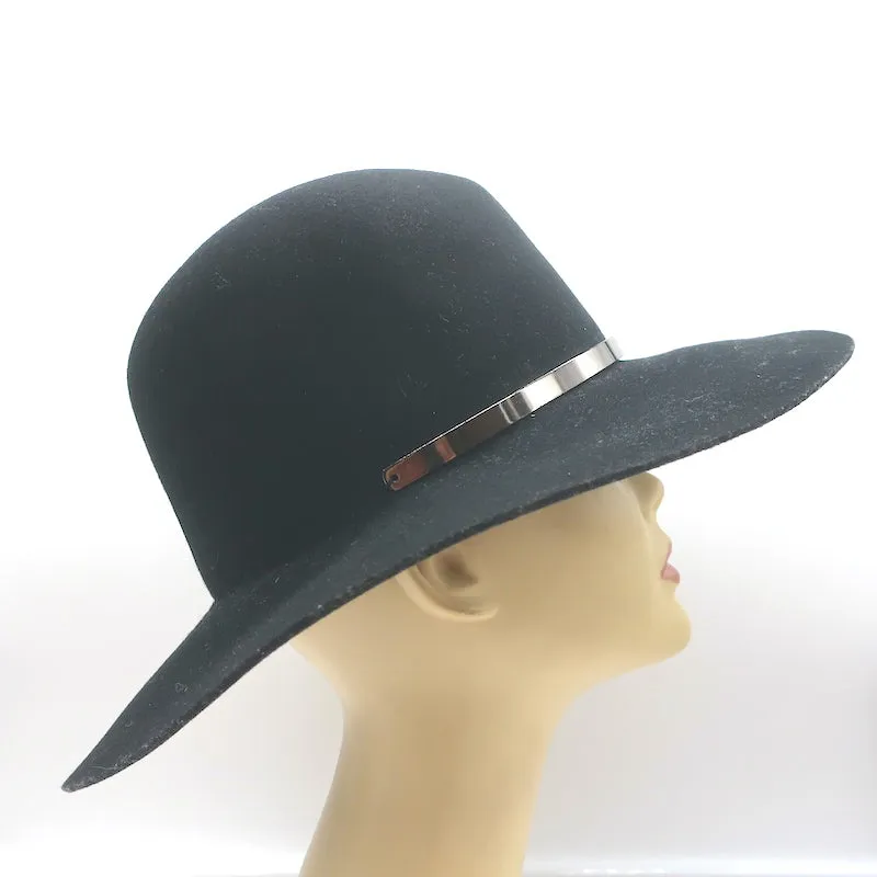 Janessa Leone Stephen Hat with Silver Bar Black Wool Felt Size Small