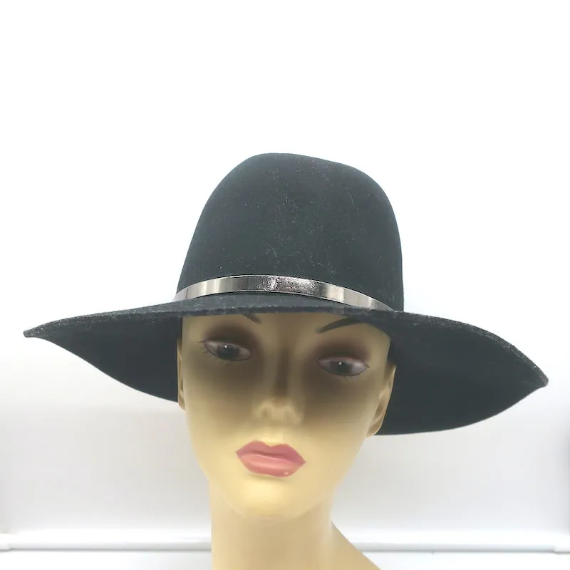 Janessa Leone Stephen Hat with Silver Bar Black Wool Felt Size Small