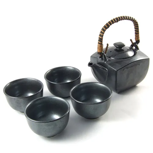 Japanese Tea Set with Four Cups & Silver Glaze