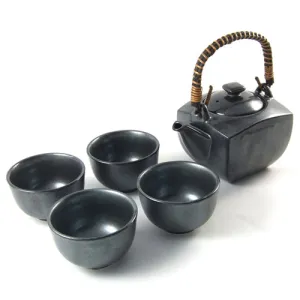 Japanese Tea Set with Four Cups & Silver Glaze