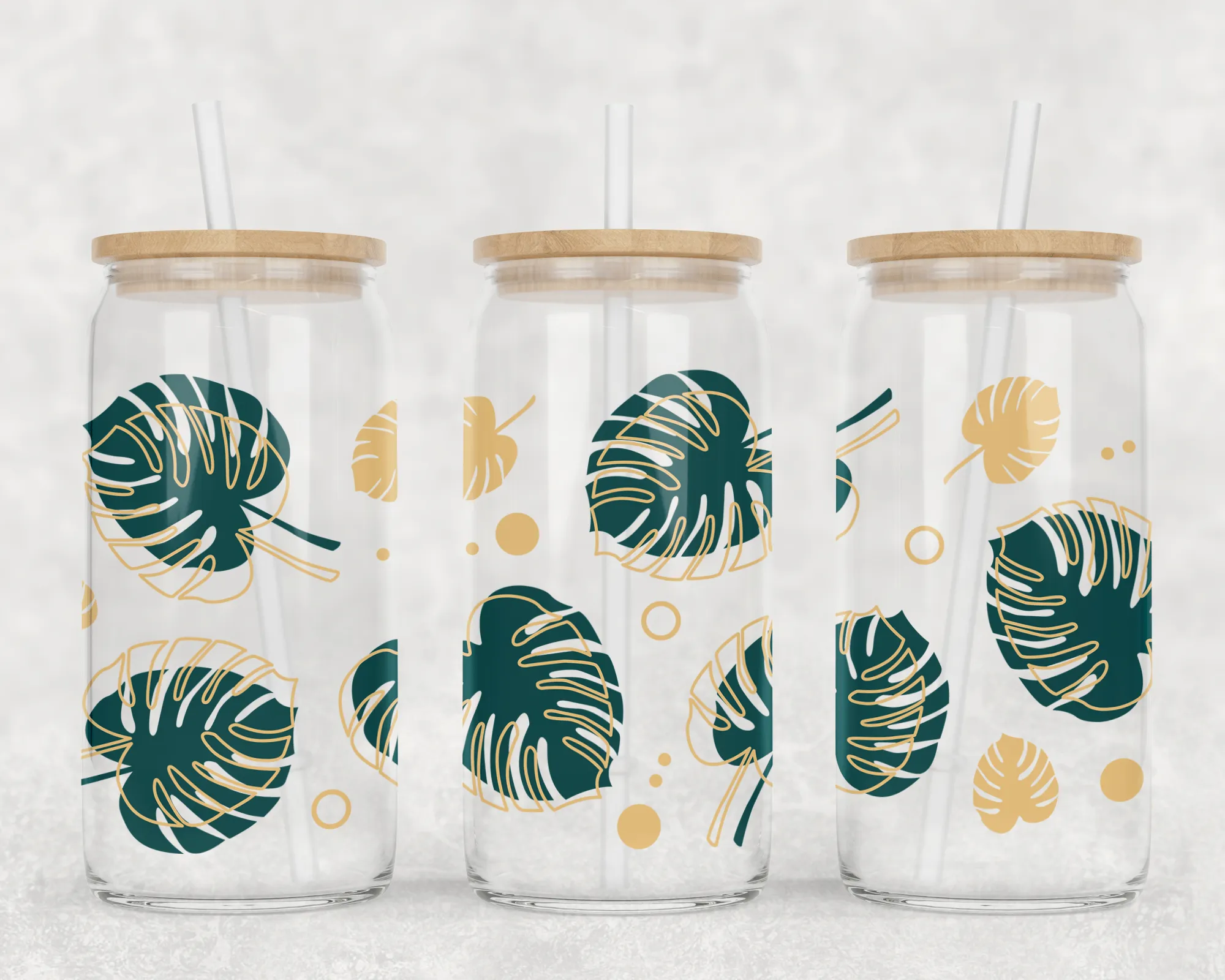 Jungle Leaves Can Glass with Lid   Straw