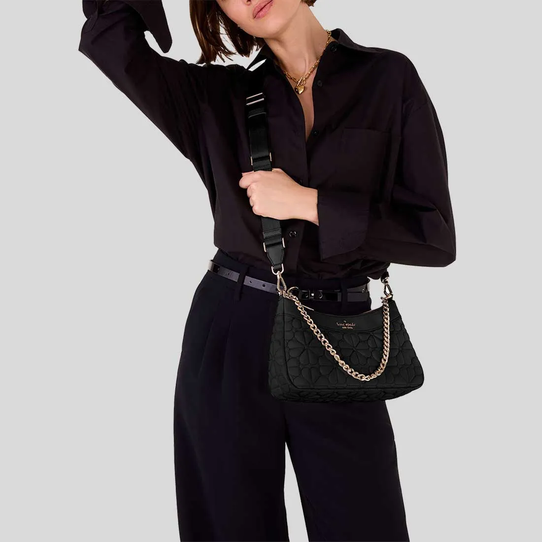 KATE SPADE Spade Flower Quilted Fabric Convertible Crossbody Bag Black KK077
