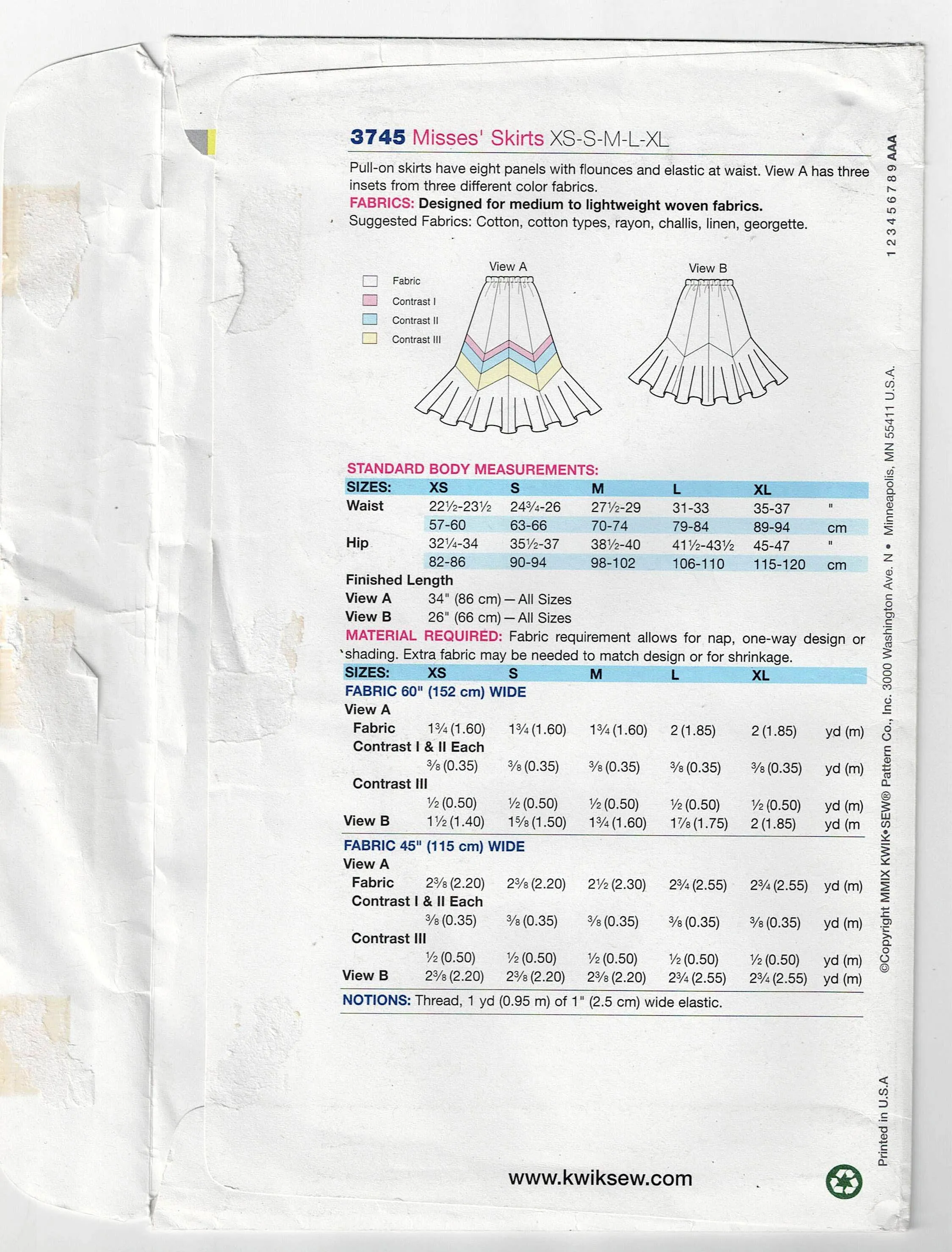 Kwik Sew 3745 Womens Panelled Color Block Skirts Out Of Print Sewing Pattern Size XS - XL UNCUT Factory Folded