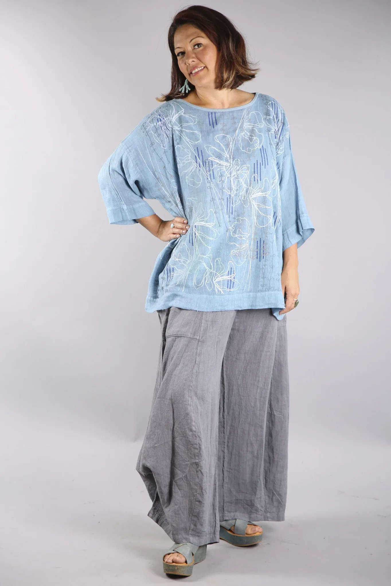 L594-Oversized Square Linen Top-Blue Topaz-P