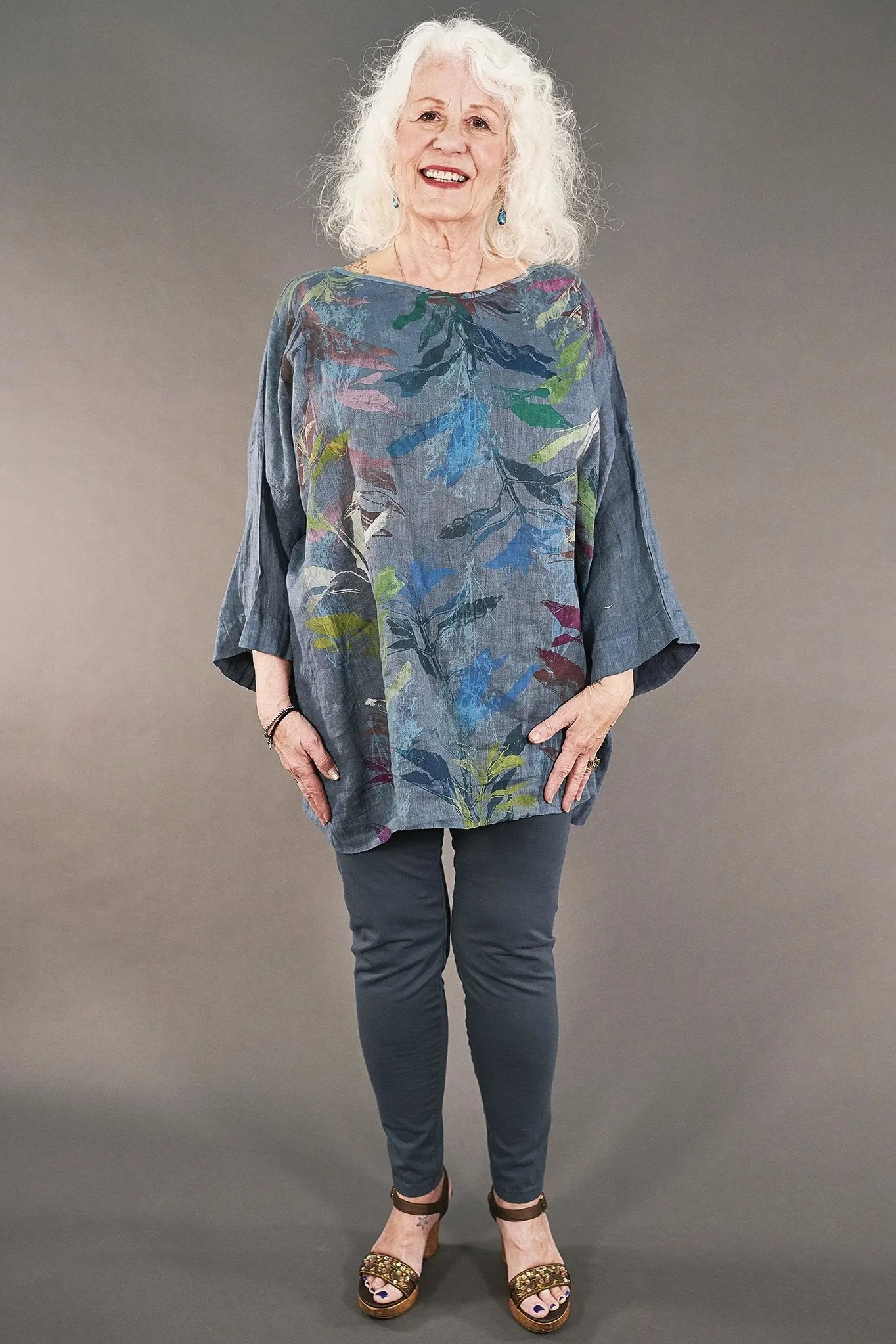 L594-Oversized Square Linen Top-Kingfisher-P