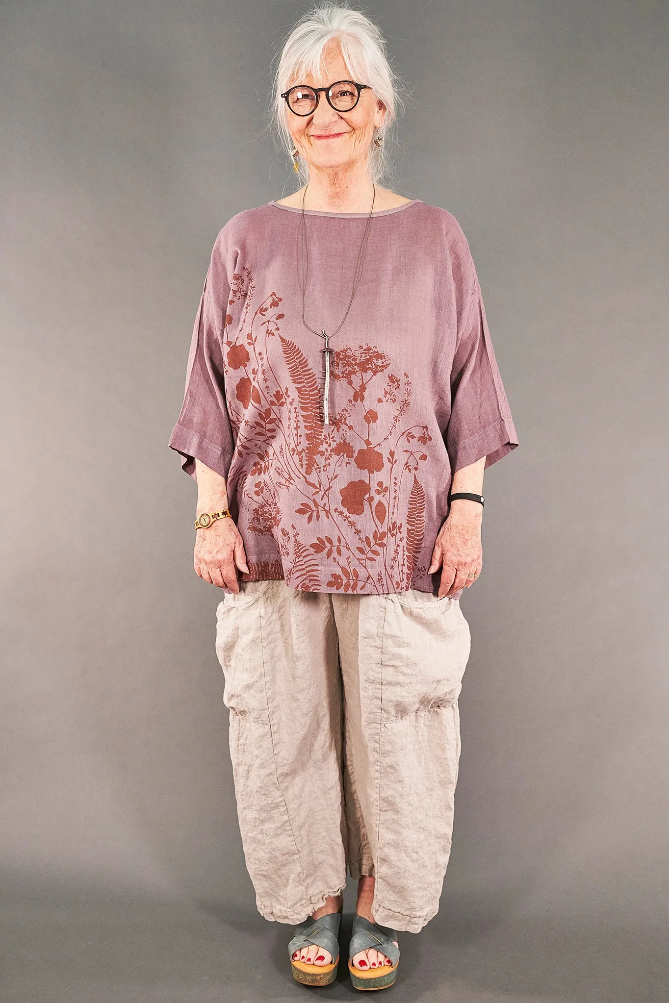 L594-Oversized Square Linen Top-Plum Haze-P