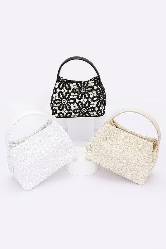 Lace Flower 2 Tone Top Handle Convertible Clutch