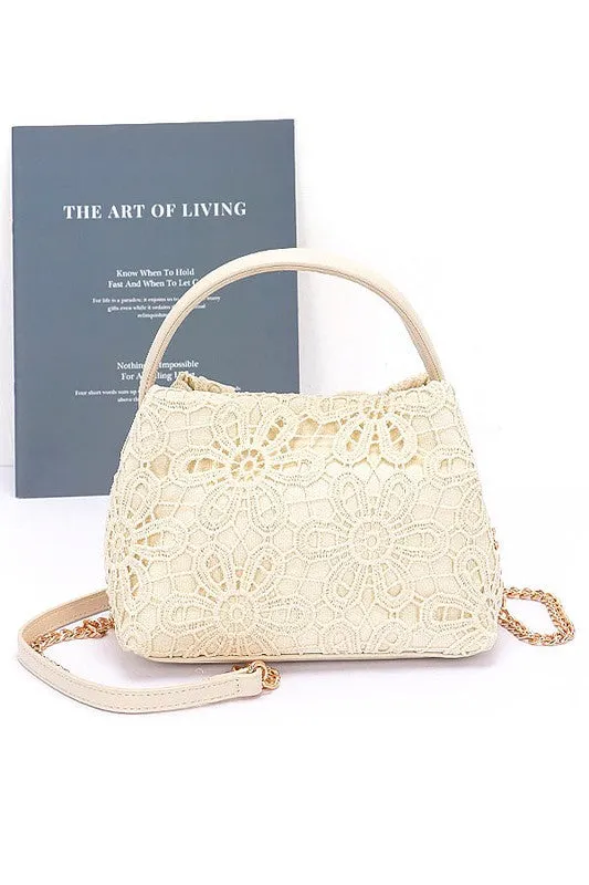Lace Flower 2 Tone Top Handle Convertible Clutch