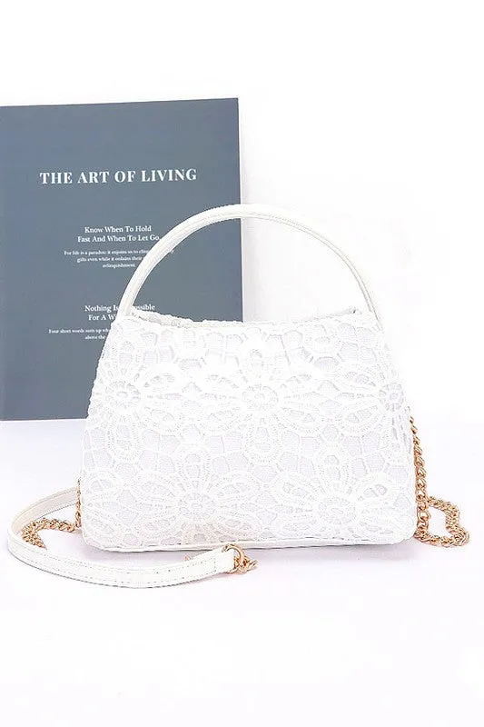 Lace Flower 2 Tone Top Handle Convertible Clutch