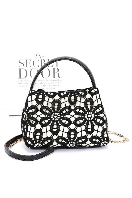 Lace Flower 2 Tone Top Handle Convertible Clutch