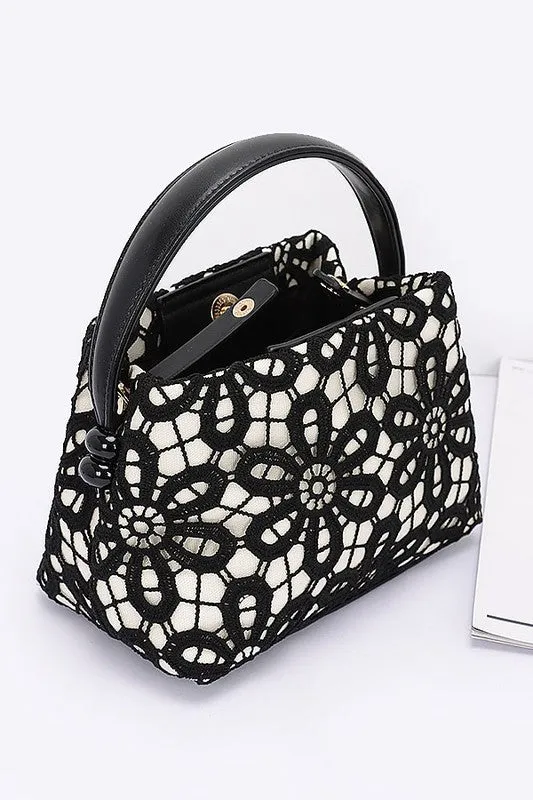 Lace Flower 2 Tone Top Handle Convertible Clutch