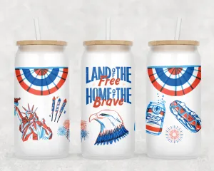 Land of the Free Frosted Can Glass with Lid   Straw