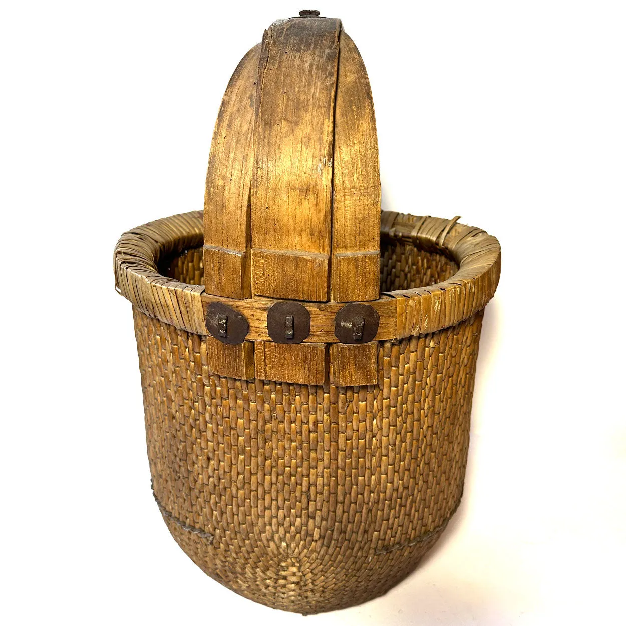 Large Chinese Iron Mounted Bent Handle Willow Grain Basket