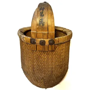 Large Chinese Iron Mounted Bent Handle Willow Grain Basket