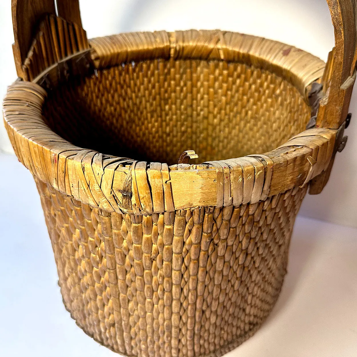 Large Chinese Iron Mounted Bent Handle Willow Grain Basket