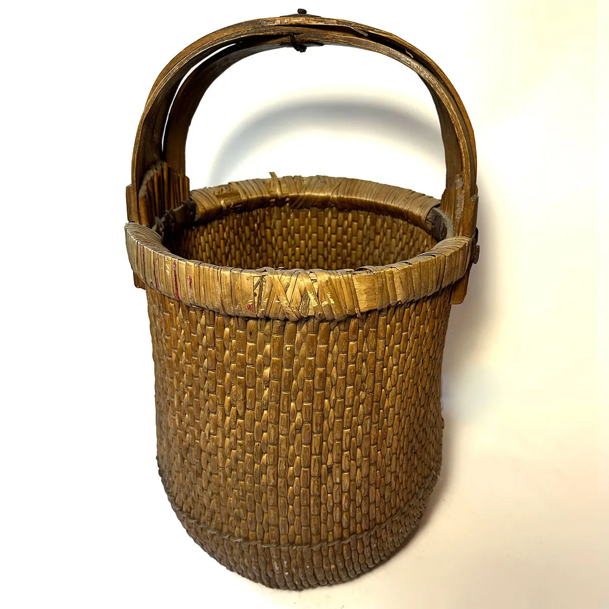 Large Chinese Iron Mounted Bent Handle Willow Grain Basket