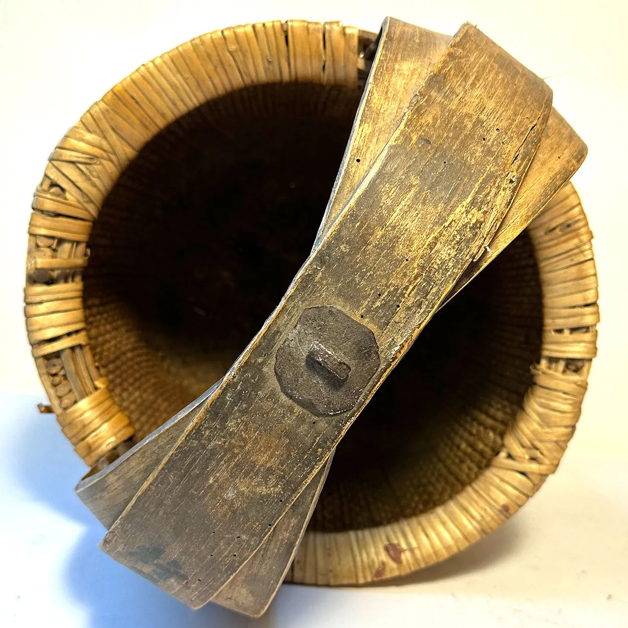 Large Chinese Iron Mounted Bent Handle Willow Grain Basket