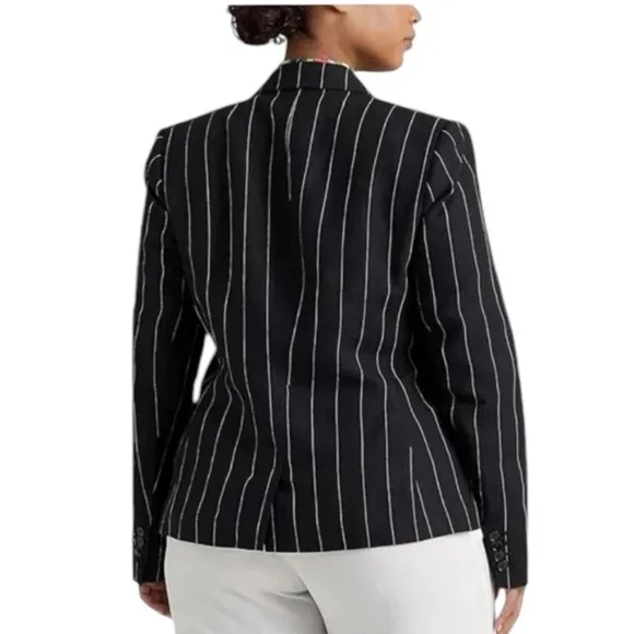 Lauren Ralph Lauren Linen Pinstripe Blazer Black &amp; Cream Transitional NEW 14