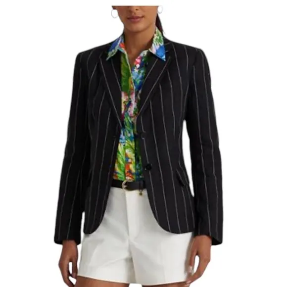 Lauren Ralph Lauren Linen Pinstripe Blazer Black &amp; Cream Transitional NEW 14