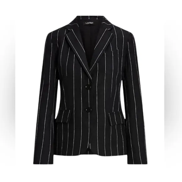 Lauren Ralph Lauren Linen Pinstripe Blazer Black &amp; Cream Transitional NEW 14