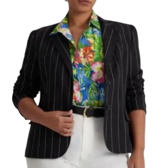 Lauren Ralph Lauren Linen Pinstripe Blazer Black &amp; Cream Transitional NEW 14