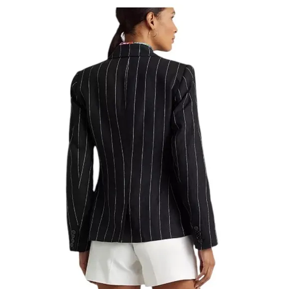 Lauren Ralph Lauren Linen Pinstripe Blazer Black &amp; Cream Transitional NEW 14