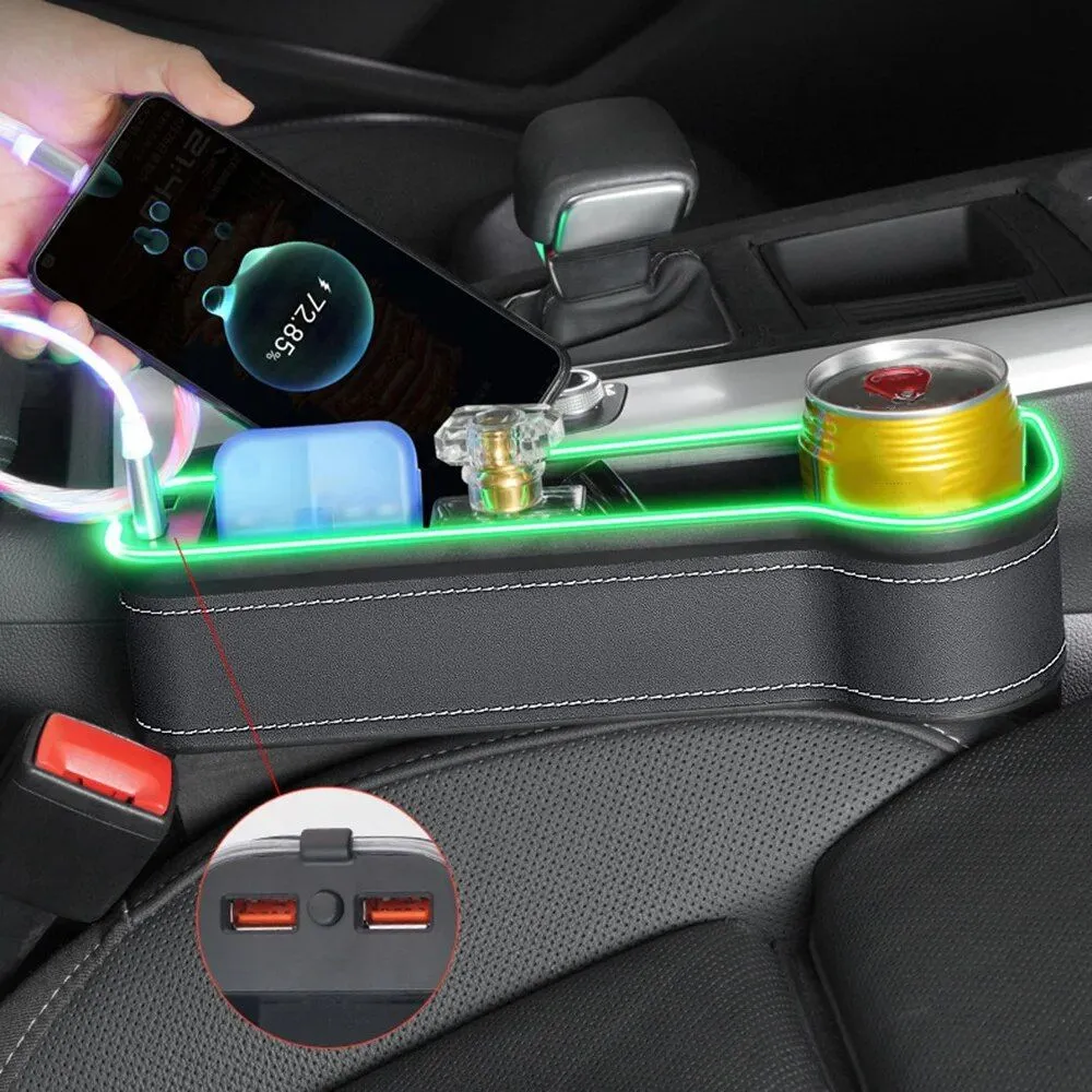 LED Illuminated Car Seat Gap Organizer with Dual USB Charger