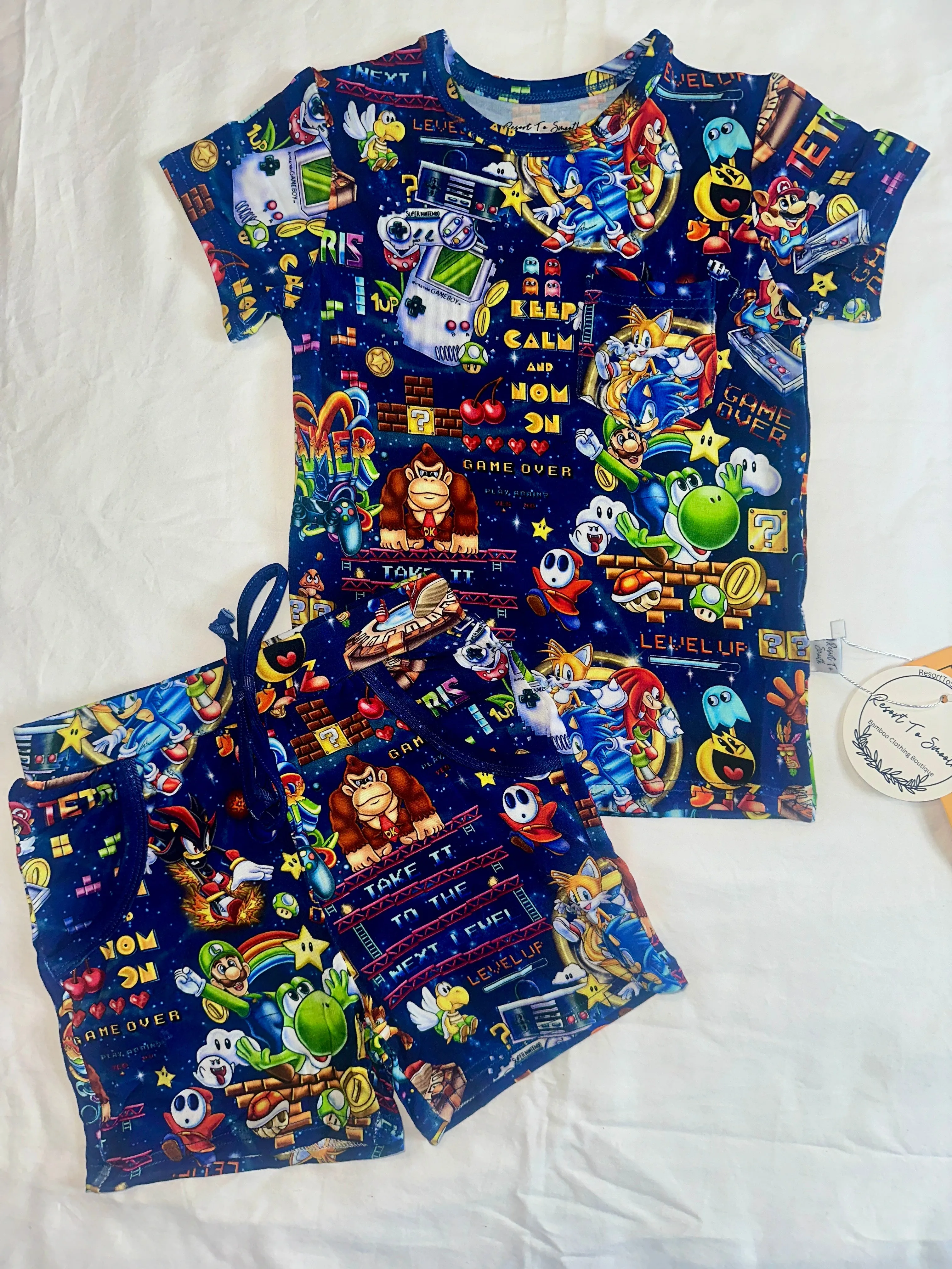 LEVEL UP MASH UP Bamboo Short Sleeve POCKET Tee Shirt  Shorts DAYWEAR Set