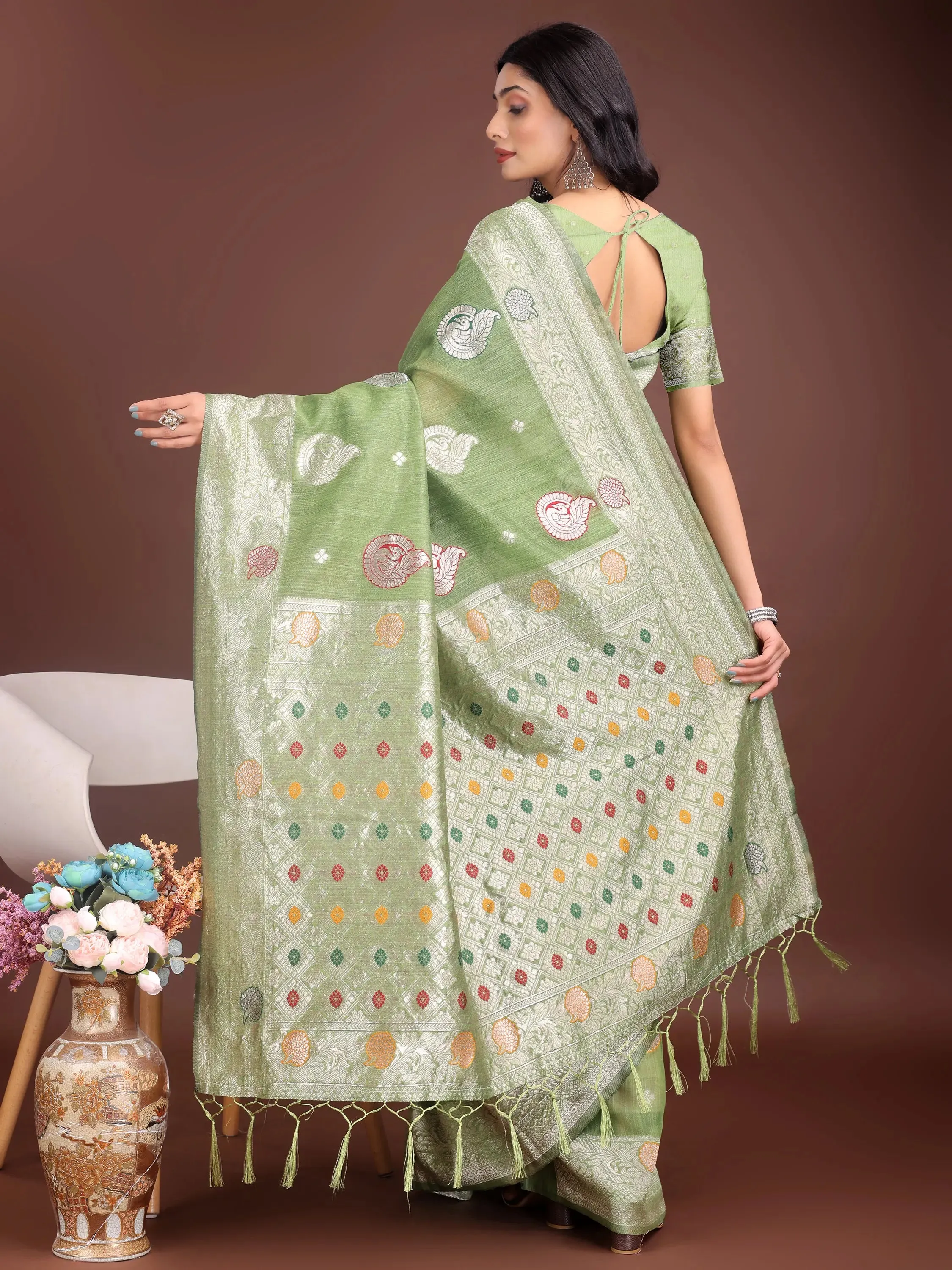 Light Green Linen Cotton Saree