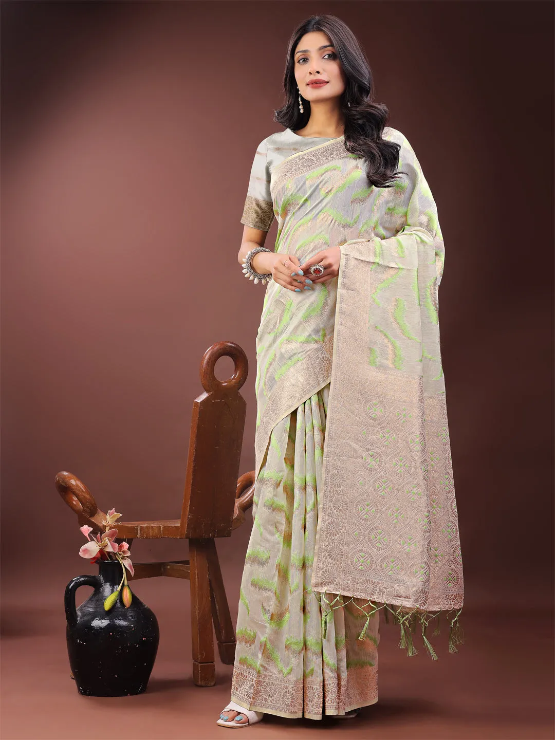 Light Green Linen Cotton Saree