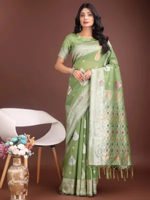Light Green Linen Cotton Saree