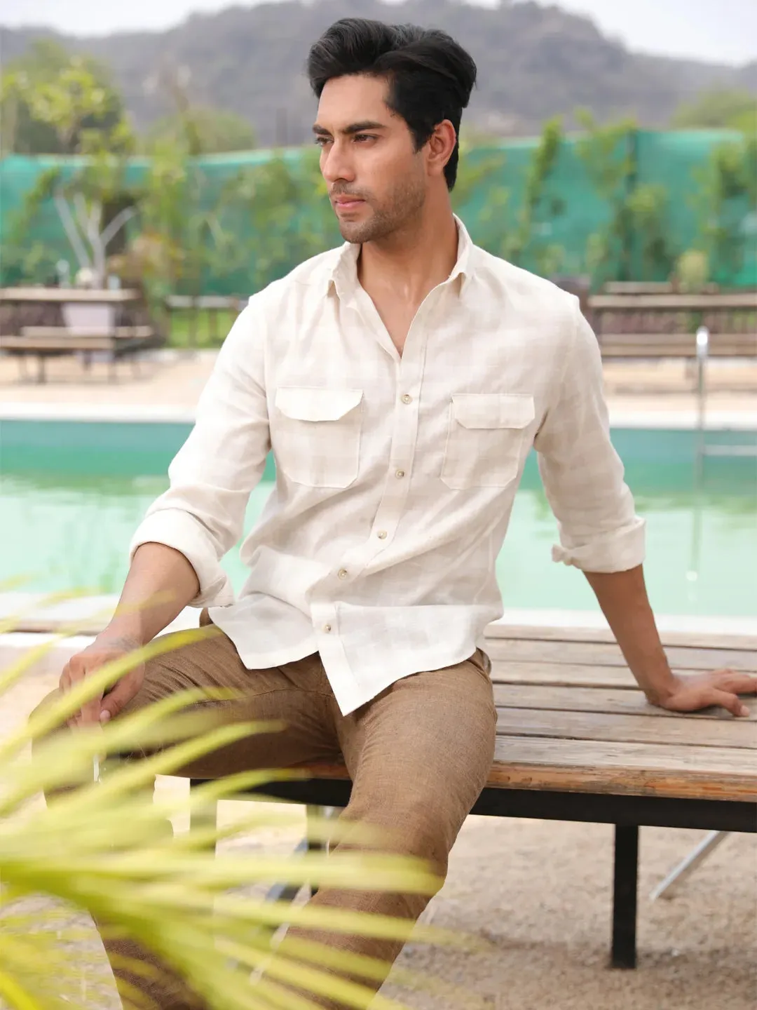 Light Khaki & Cream Checks Linen Cotton Shirt