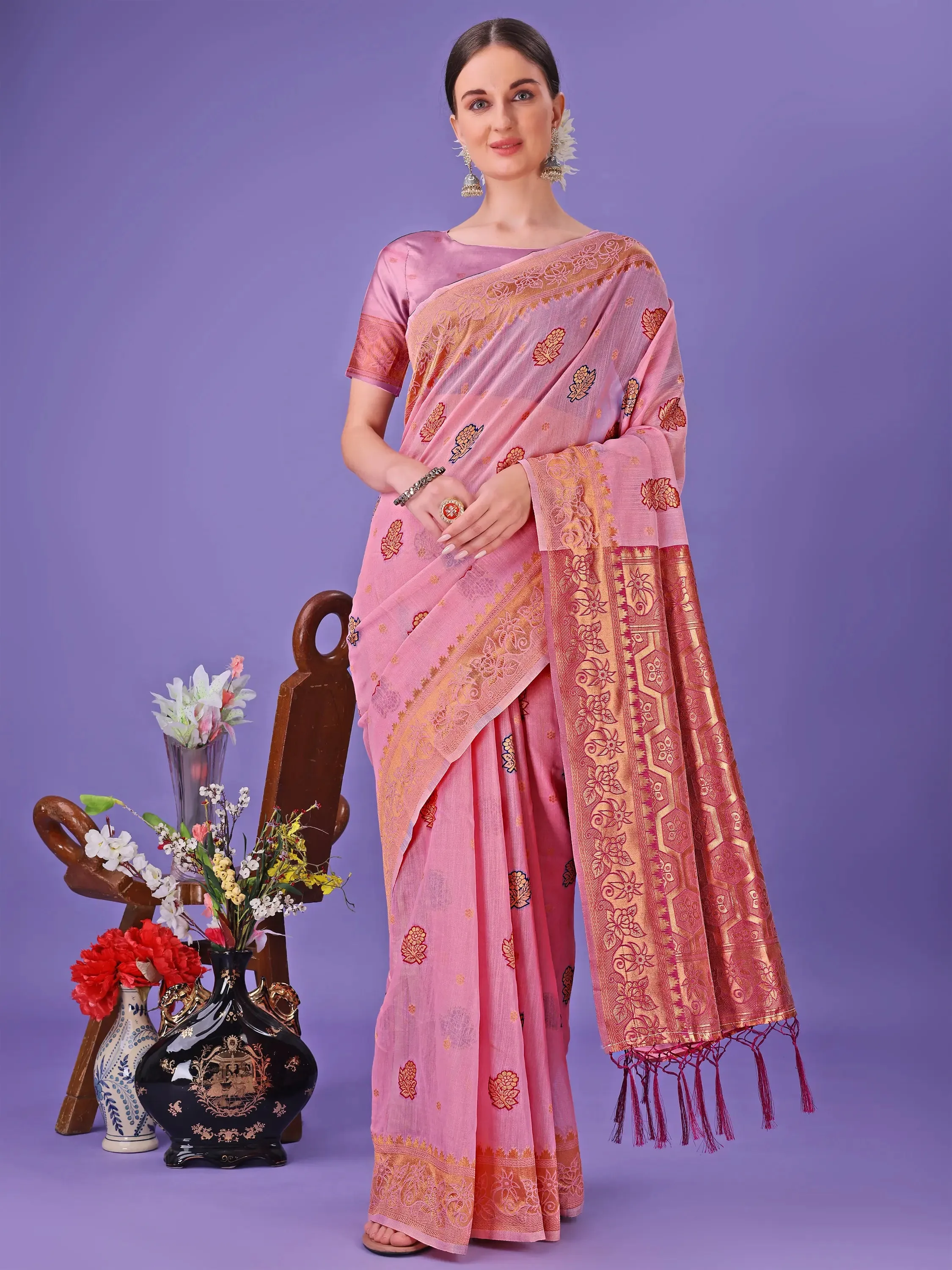 Light Pink Linen Cotton Saree