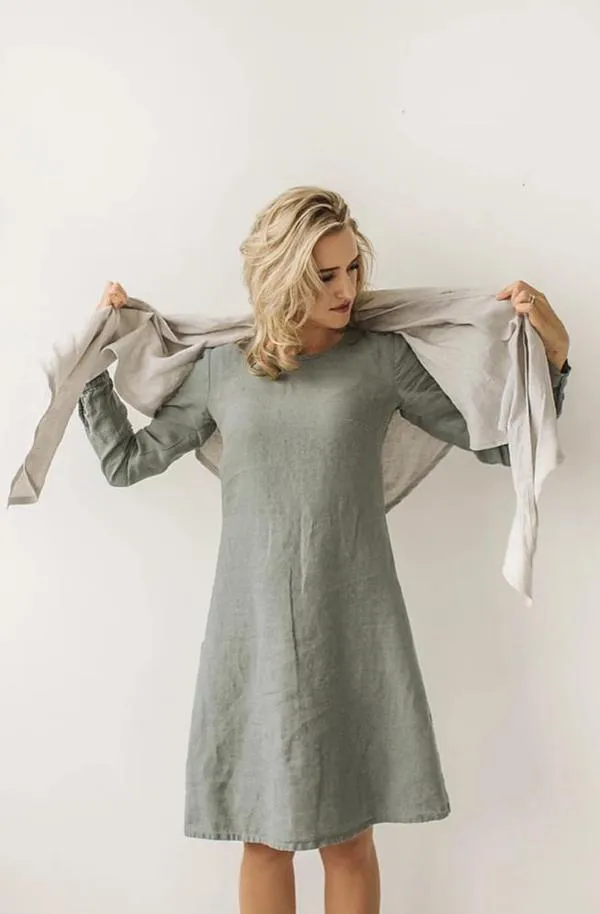 Light-Trapeze Cut Modest Linen Dress