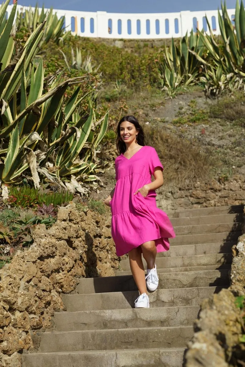 Linen Layered Dress Candy Pink