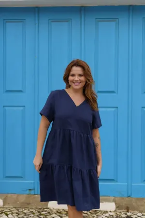 Linen Layered Dress Oxford Navy