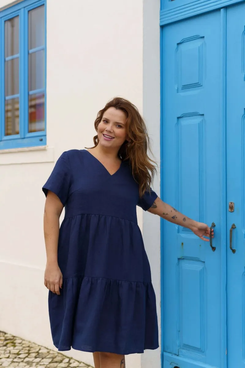 Linen Layered Dress Oxford Navy