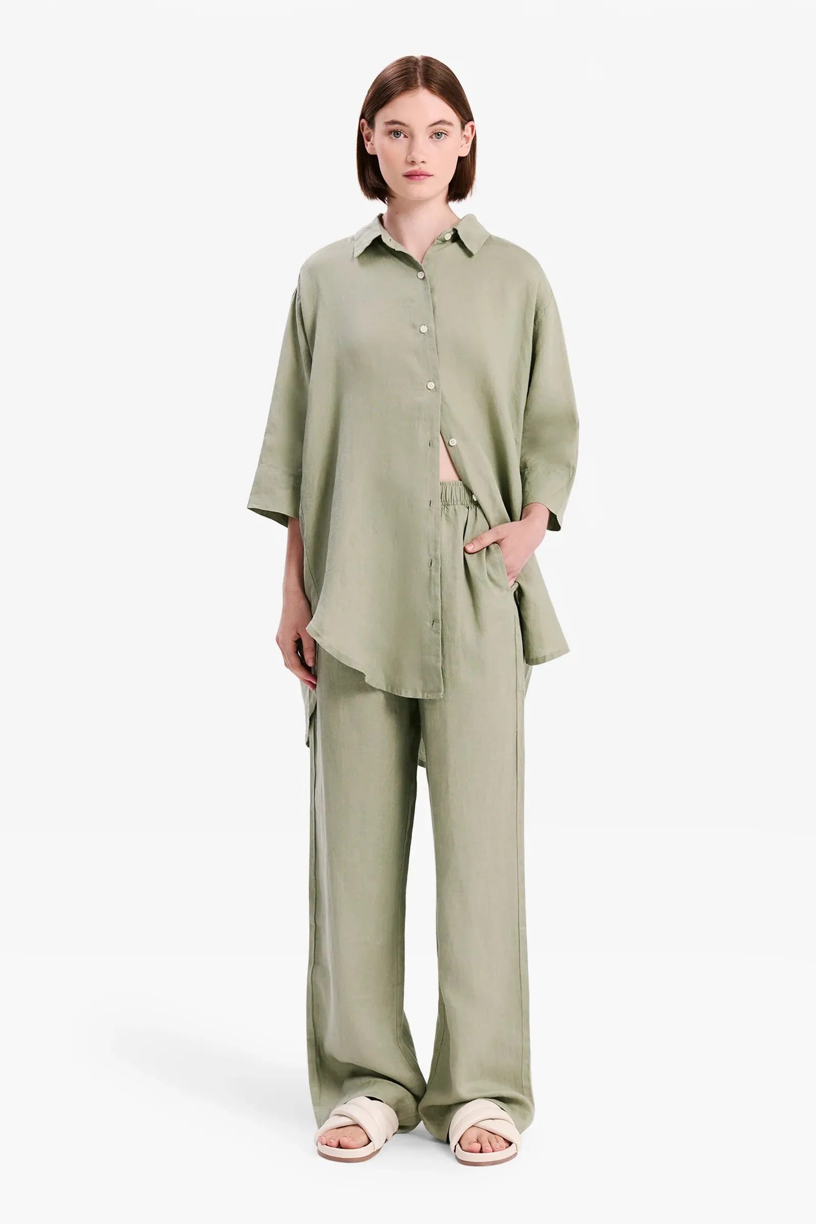 Linen Longline Shirt Olive