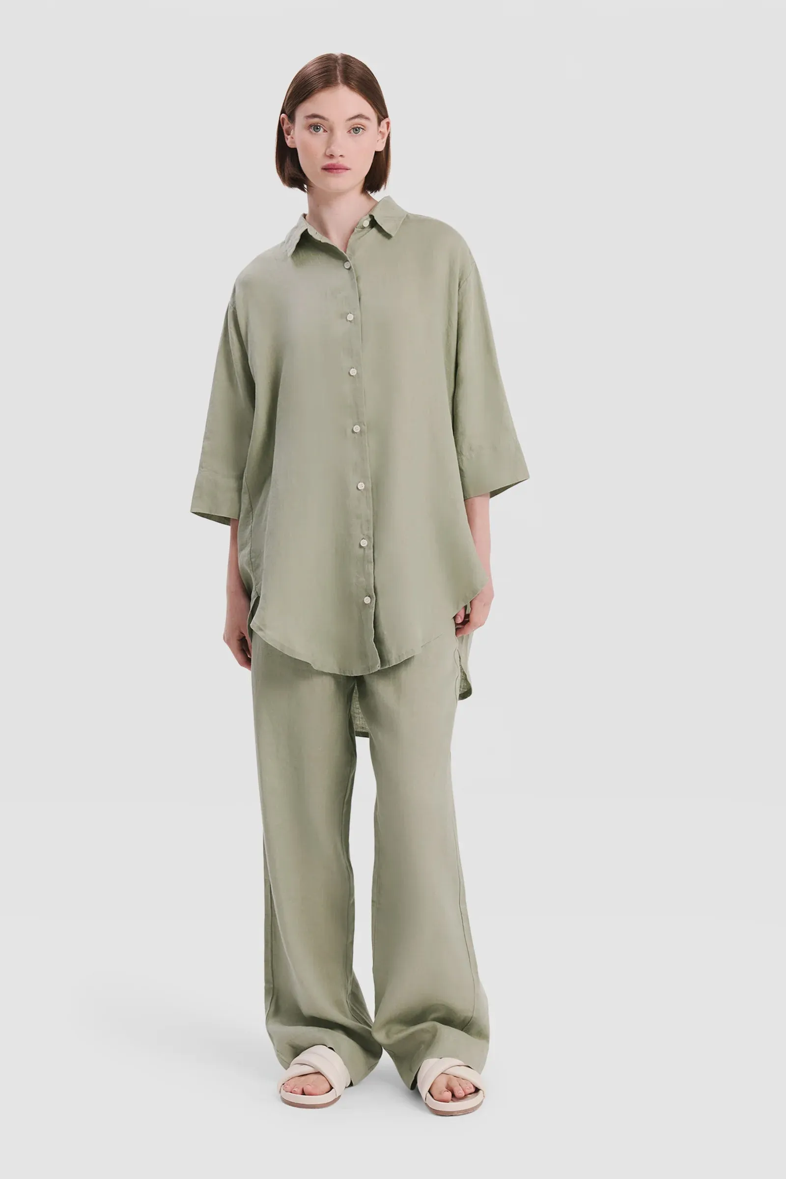 Linen Longline Shirt Olive