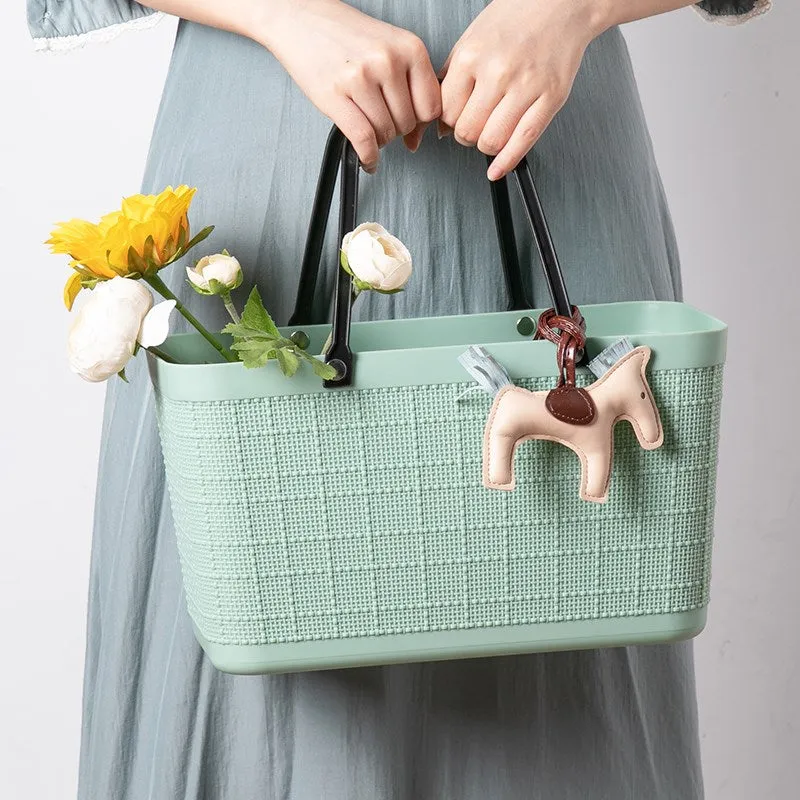 Linen Patterns Green Shopping Basket With Handles - M