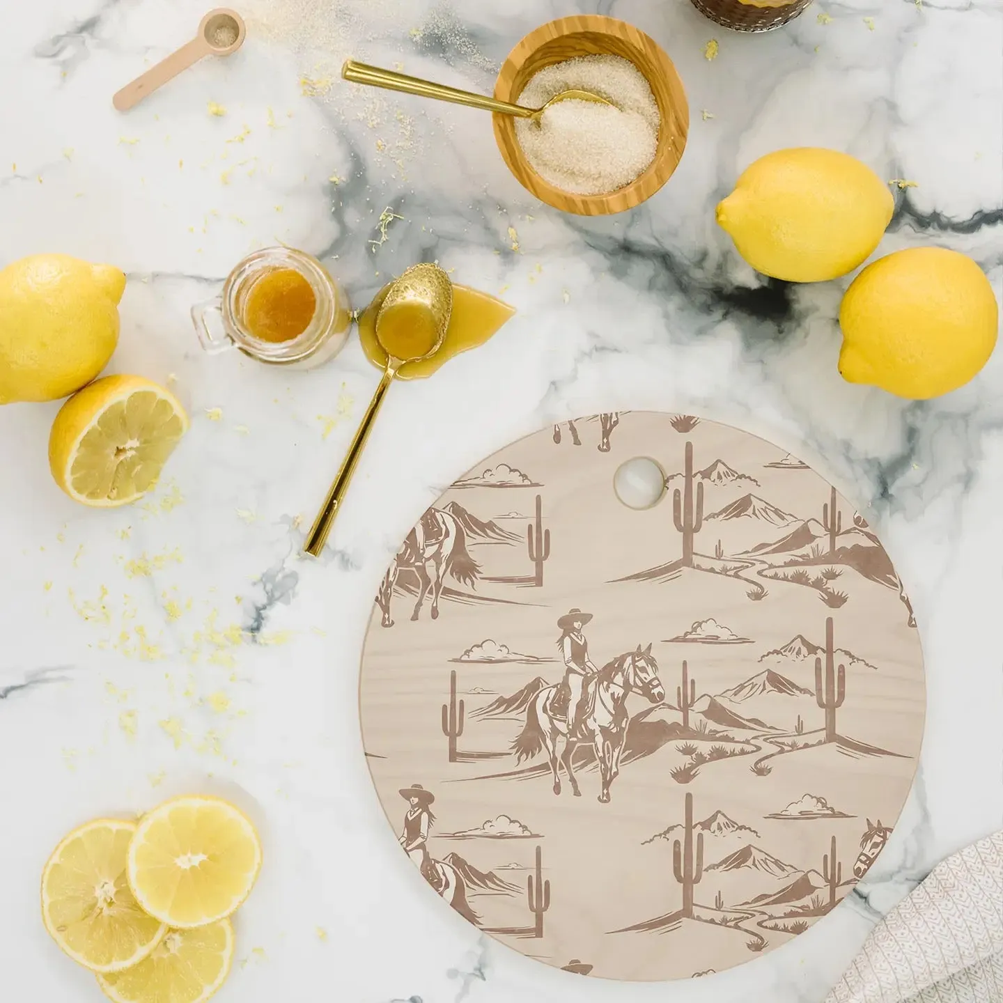 Little Arrow Western Cowgirl Tan Cutting Board Round