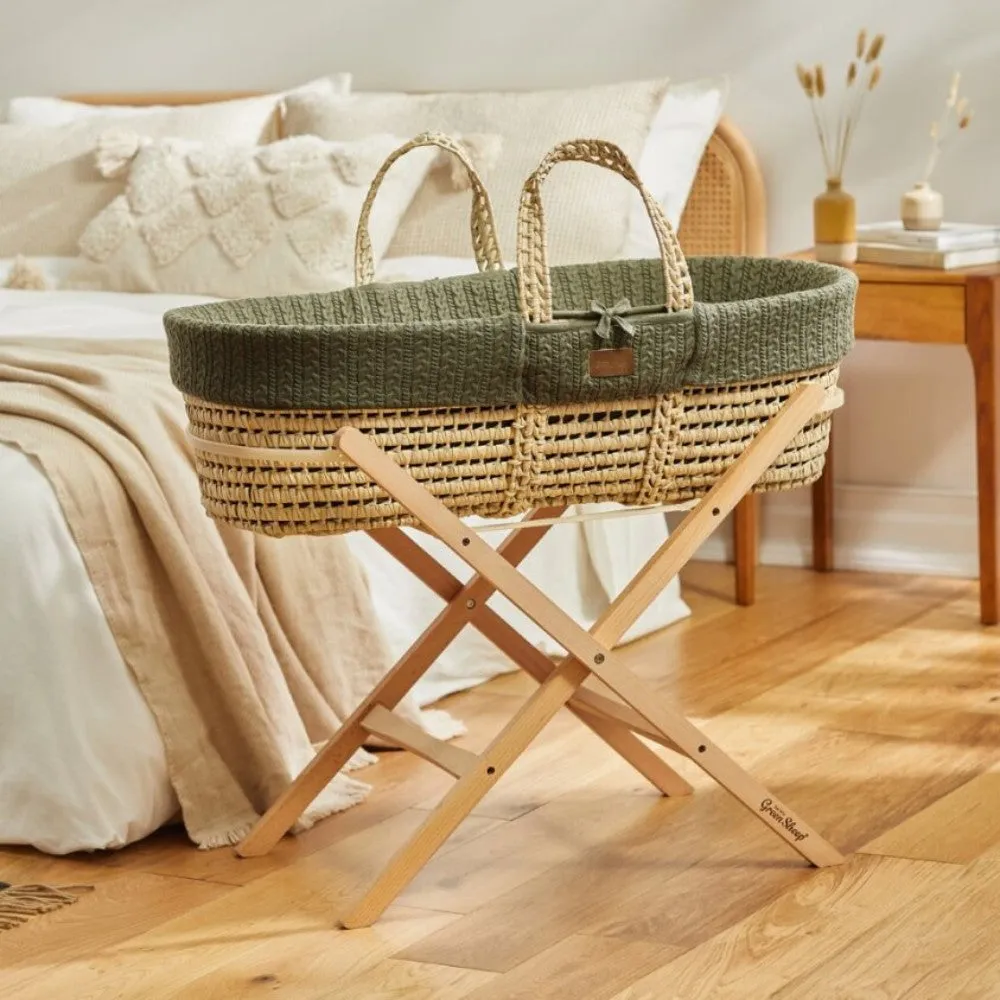 Little Green Sheep -Knitted Moses Basket and Static Stand Bundle - Juniper Knit