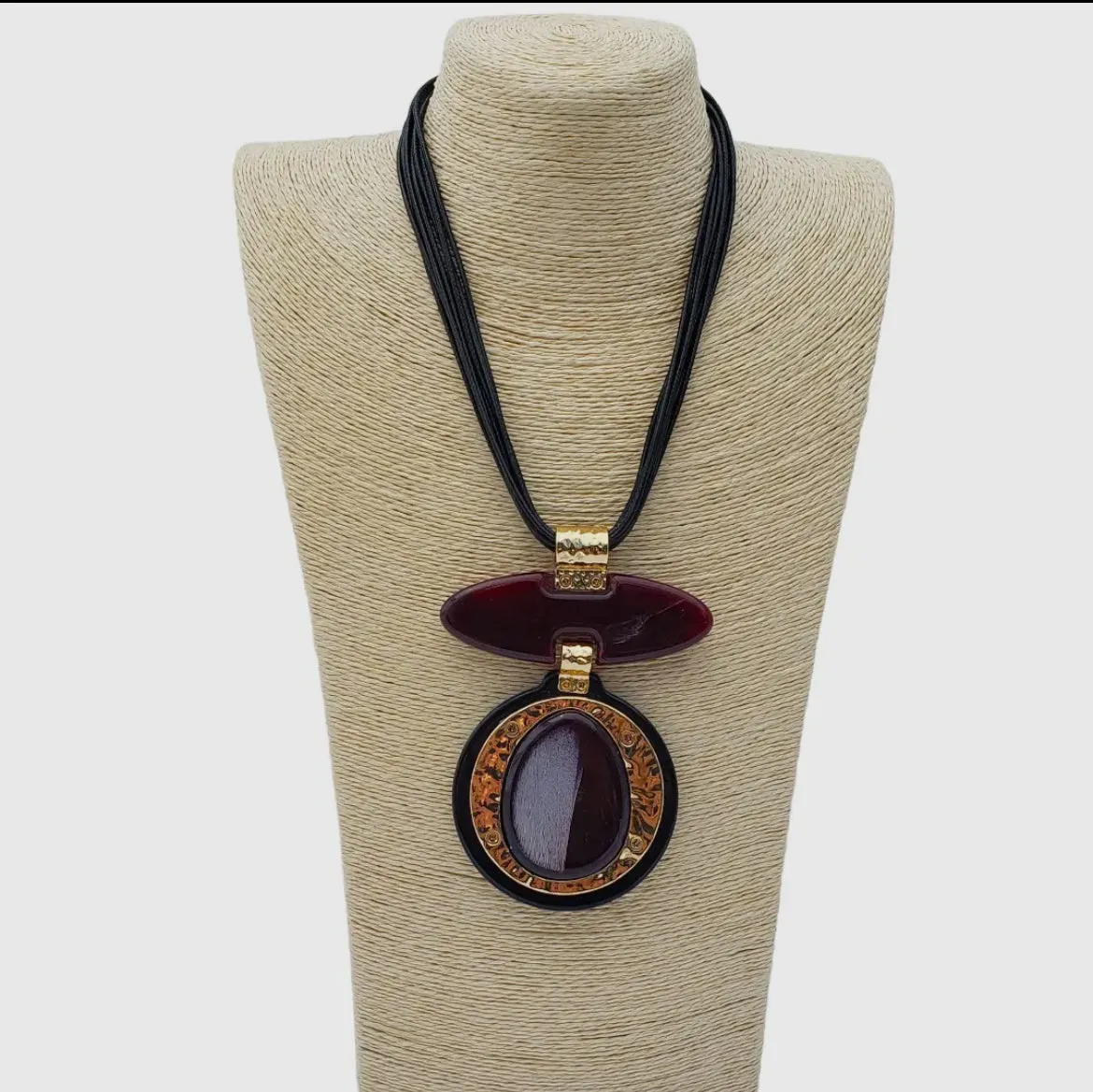 Long Burgundy Enamel Geometric Pendant