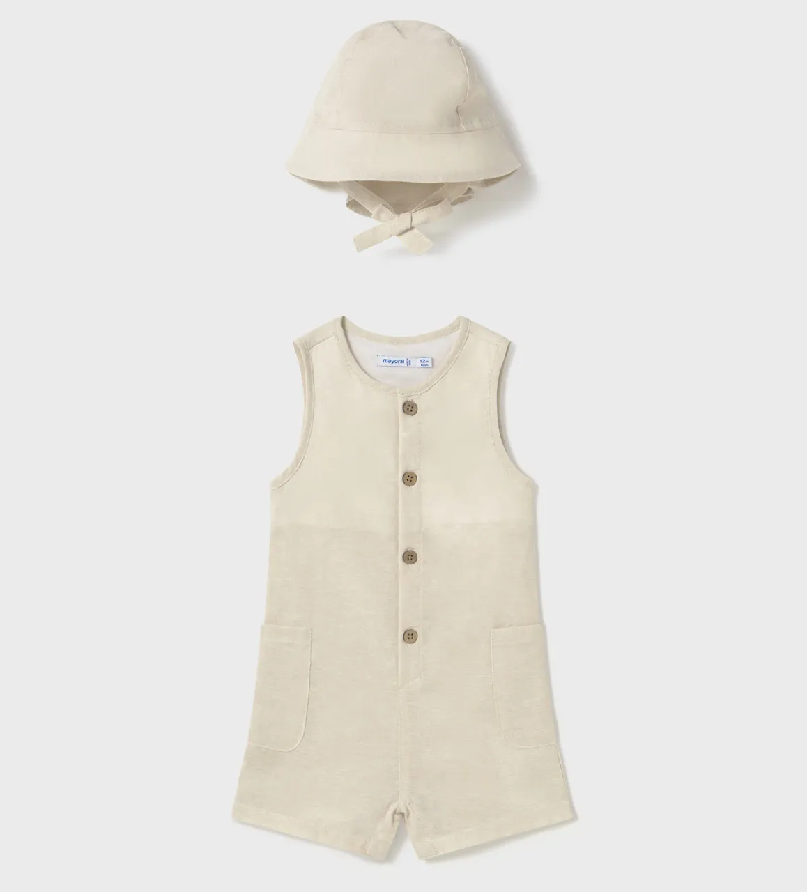 Mayoral Baby Natural Linen Romper w Bucket Hat