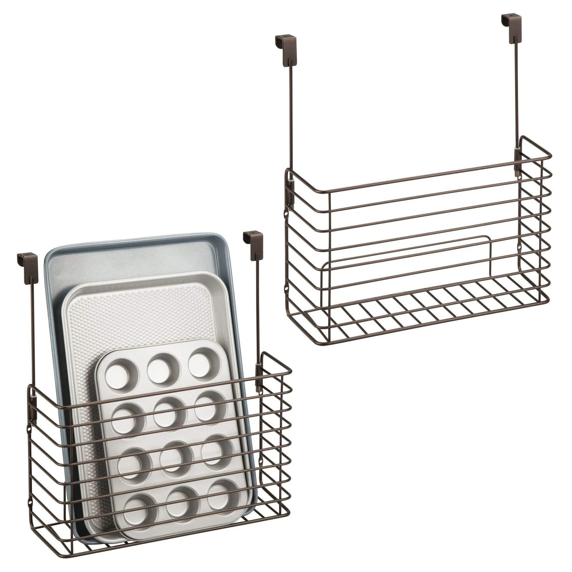 mDesign Metal Over Cabinet Kitchen Storage Organizer Holder or Basket - Hang Over Cabinet Doors in Kitchen/Pantry - Holds Bakeware, Cookbook, Cleaning Supplies - 2 Pack, Steel Wire in Bronze
