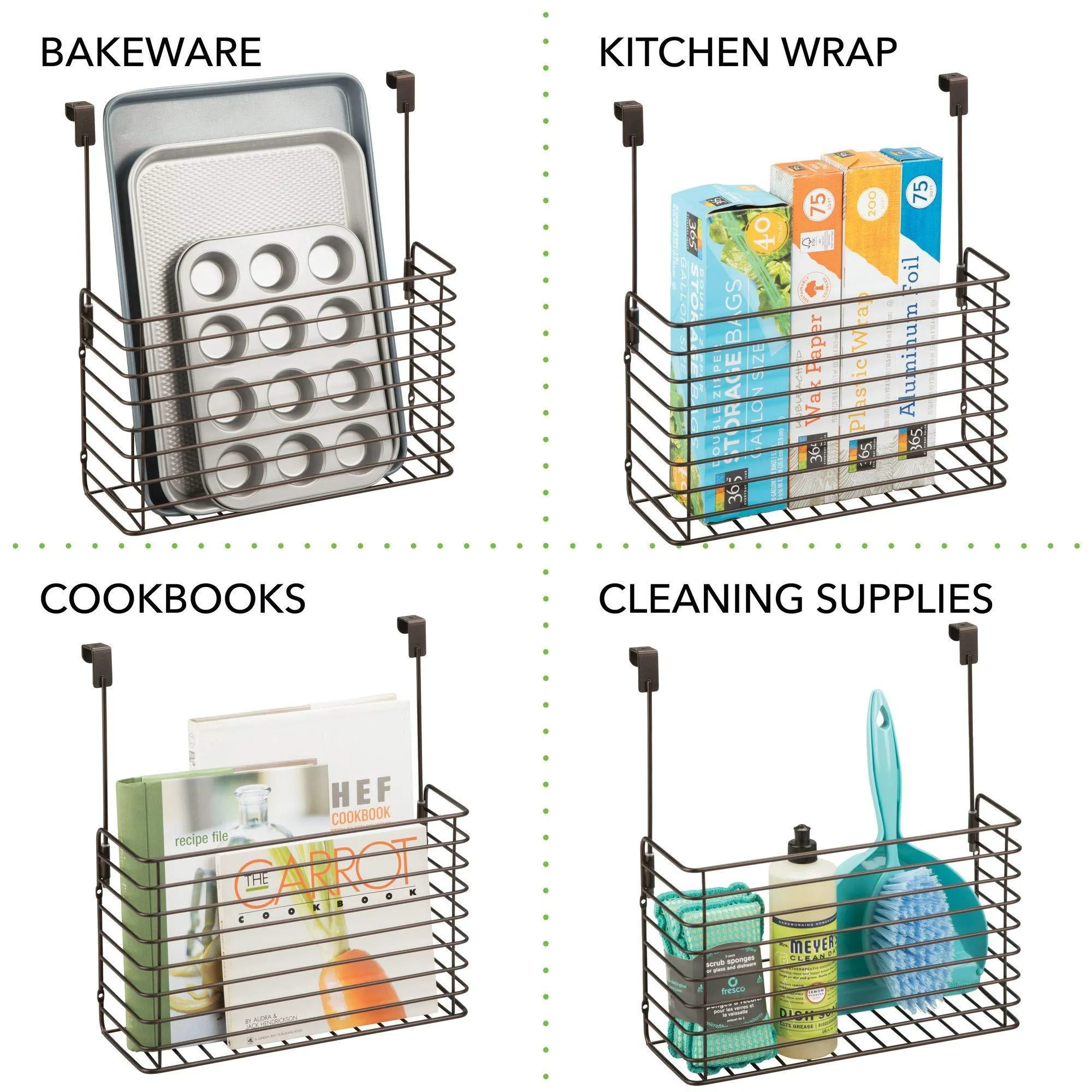 mDesign Metal Over Cabinet Kitchen Storage Organizer Holder or Basket - Hang Over Cabinet Doors in Kitchen/Pantry - Holds Bakeware, Cookbook, Cleaning Supplies - 2 Pack, Steel Wire in Bronze