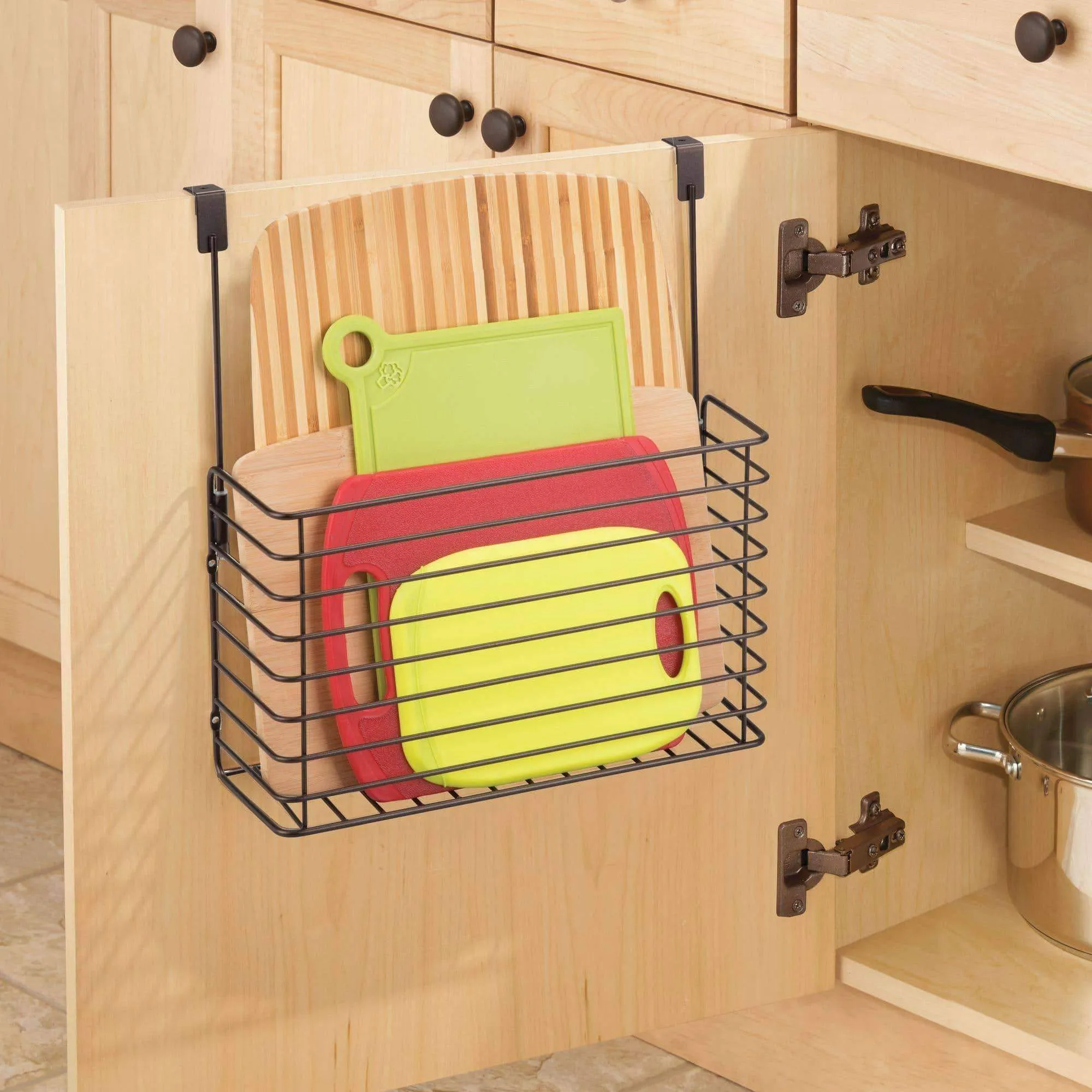 mDesign Metal Over Cabinet Kitchen Storage Organizer Holder or Basket - Hang Over Cabinet Doors in Kitchen/Pantry - Holds Bakeware, Cookbook, Cleaning Supplies - 2 Pack, Steel Wire in Bronze