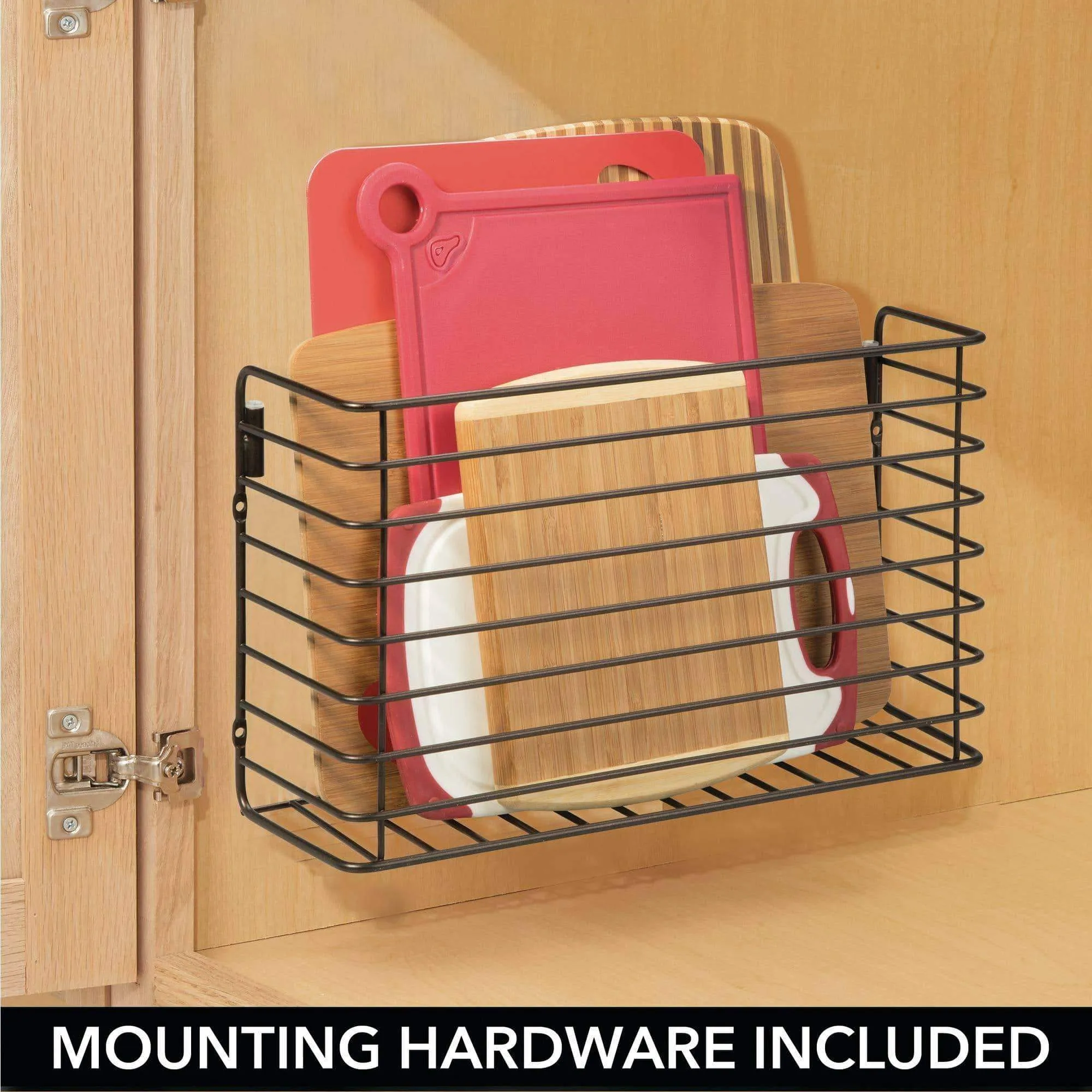 mDesign Metal Over Cabinet Kitchen Storage Organizer Holder or Basket - Hang Over Cabinet Doors in Kitchen/Pantry - Holds Bakeware, Cookbook, Cleaning Supplies - 2 Pack, Steel Wire in Bronze