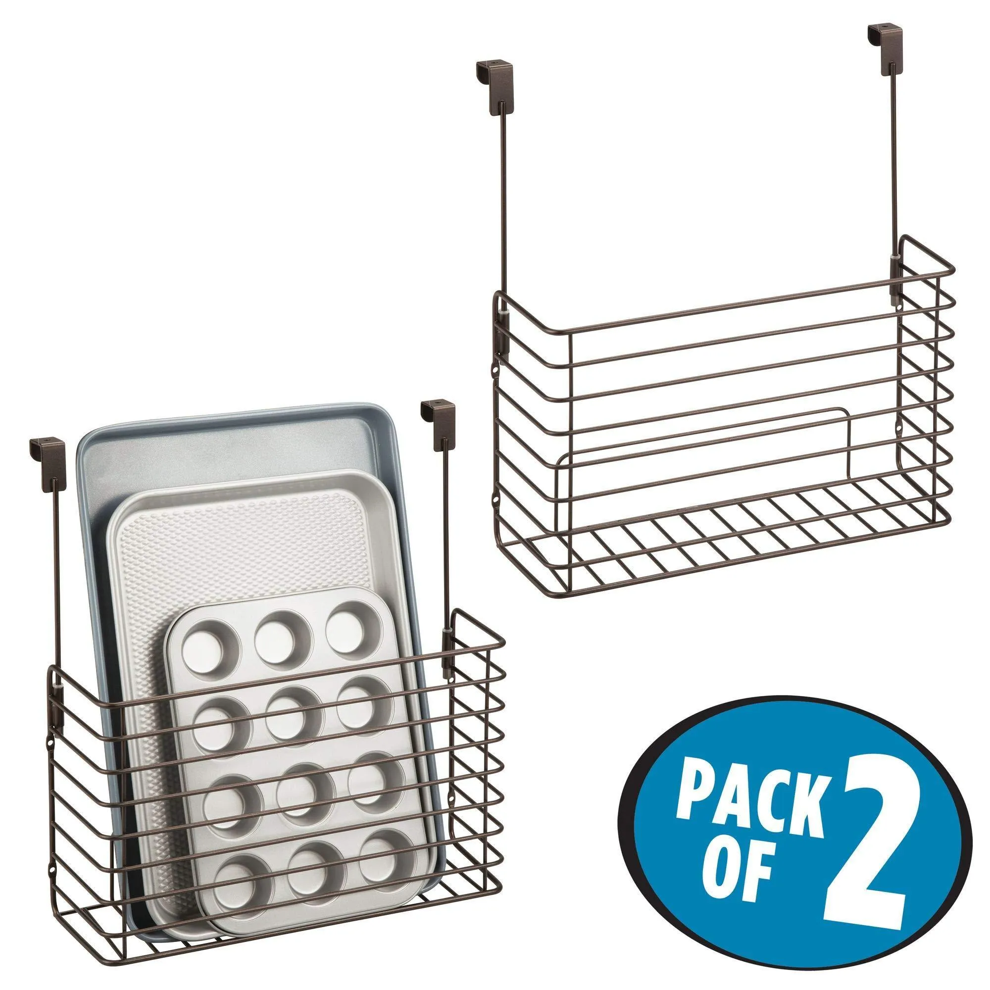 mDesign Metal Over Cabinet Kitchen Storage Organizer Holder or Basket - Hang Over Cabinet Doors in Kitchen/Pantry - Holds Bakeware, Cookbook, Cleaning Supplies - 2 Pack, Steel Wire in Bronze