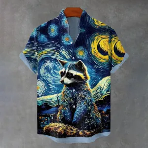 Men's Cute Raccoon Looking Up At The Starry Night Print Shirt
